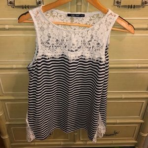 Navy and white lace striped top